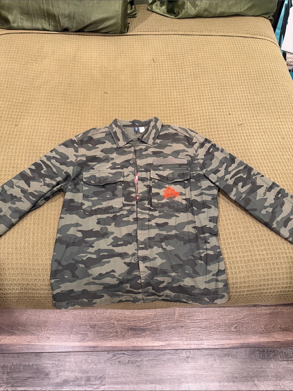 H&M Olive & Dark Green Camouflage Military Field Jacket with Red Patch